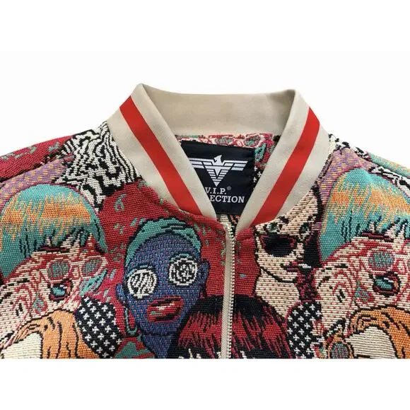 V.I.P. Collection Men's Multi Faces Jacquard Varsity Bomber Jacket Size L